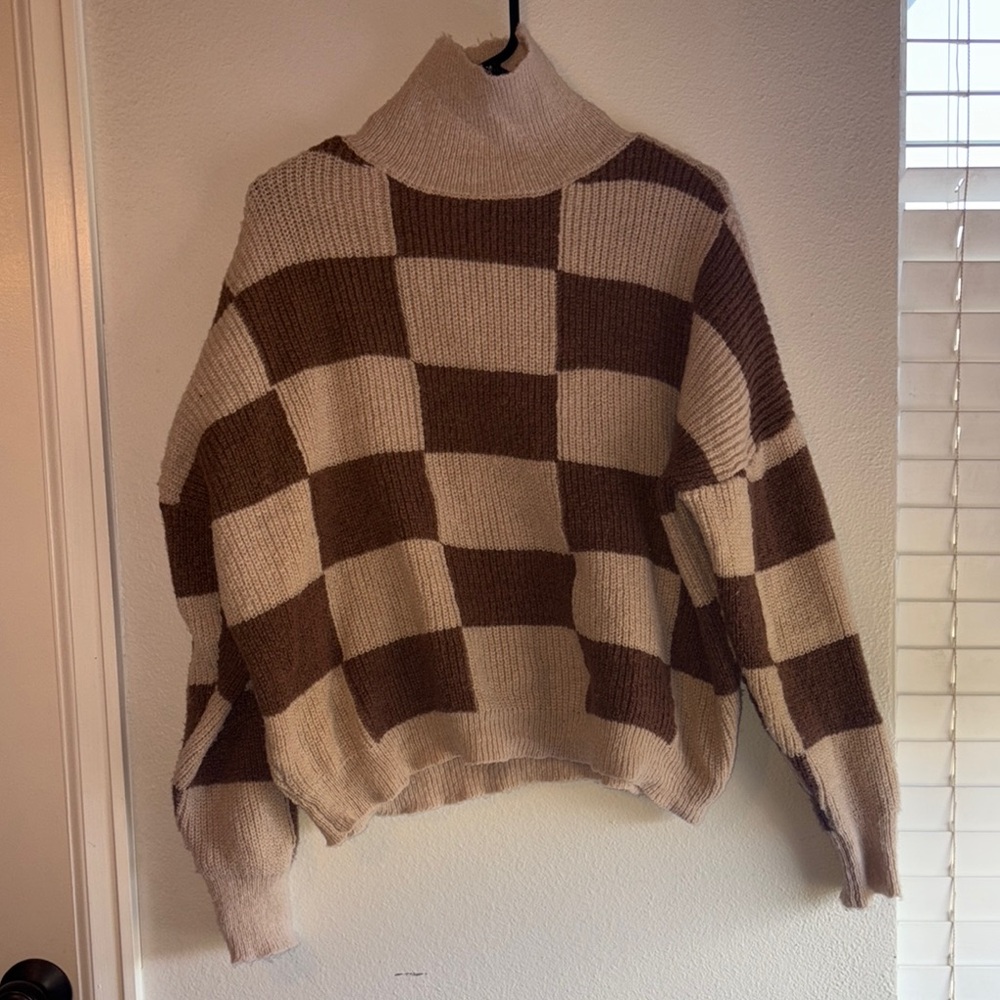 Woven Heart Brown and Cream Checkered Turtleneck Sweater